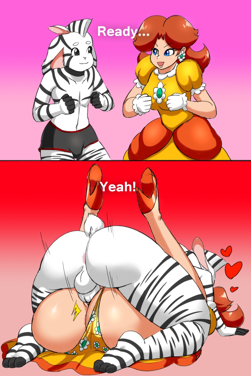 1boy 1girl all_fours animal_ears animal_print anus barefoot blue_eyes bodypaint breasts brown_hair clothed_female_nude_male clothing_aside dress eye_contact floral_print furry gloves gradient_background heart hetero high_heels highres instant_loss interspecies looking_at_another lying mario_(series) mating_press missionary mohawk motion_lines nintendo nude on_back original panties panties_aside penis pink_background princess princess_daisy puffy_short_sleeves puffy_sleeves pussy rabbit red_background red_footwear sex shoes short_sleeves simple_background smile speeds super_mario_bros._1 tail testicles underwear vaginal yellow_dress zebra_ears zebra_print zebra_tail
