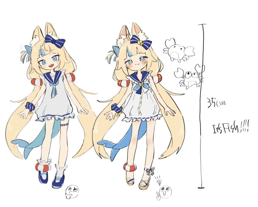 1girl :3 :d ahoge animal_ear_fluff animal_ears blonde_hair blue_eyes blue_hair blue_nails blue_neckerchief blue_sailor_collar blue_shoes blue_streaks blush bow buttons cat_ears closed_mouth collar commentary comparison crab design_speculation dress emoji english_text fang fins fish_girl fish_tail frilled_dress frills hair_bow highres indie_virtual_youtuber kaniki_(sameko_saba) lifebuoy_hair_ornament lifebuoy_ornament long_hair looking_at_viewer low_twintails mary_janes measurements multicolored_hair nail_polish neckerchief necktie one_side_up open_mouth platform_sandals sailor_collar sameko_saba sandals scrunchie shoes simple_background sleeveless sleeveless_dress smile smug standing streaked_hair tail thigh_strap thinking_emoji translation_request twintails unya_(unyaunia) very_long_hair virtual_youtuber white_background white_dress wrist_scrunchie