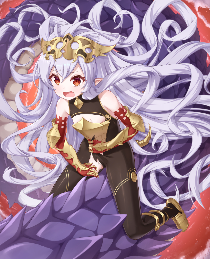 1girl absurdres animal armor bare_shoulders black_bodysuit bodysuit breastplate breasts cleavage elbow_gloves fang gauntlets giant_snake gloves gplnbeat hair_spread_out headpiece highres long_hair medusa_(shingeki_no_bahamut) open_mouth oversized_animal pointy_ears princess_connect! red_eyes riding riding_animal slit_pupils small_breasts snake torn_bodysuit torn_clothes vambraces very_long_hair white_hair