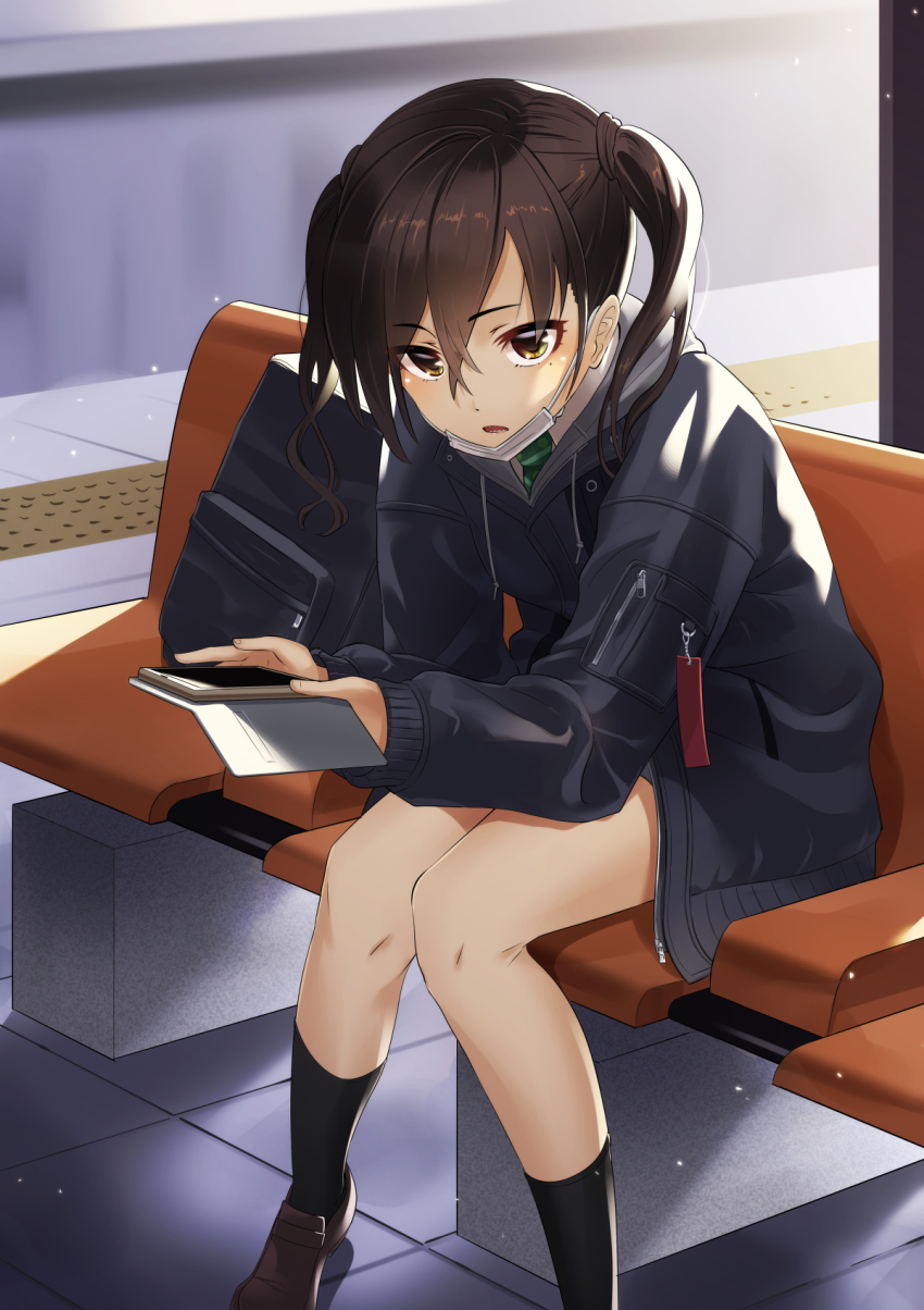 1girl :o bad_id bad_pixiv_id black_jacket black_socks blurry brown_eyes brown_hair brown_shoes cellphone chair commentary_request depth_of_field drawstring female_focus fujimo_ruru green_necktie hair_between_eyes highres holding holding_phone hood hood_down hooded_jacket idolmaster idolmaster_cinderella_girls jacket kneehighs knees_together_feet_apart loafers long_hair long_sleeves looking_at_viewer mask mask_pull mole mole_under_eye mouth_mask necktie open_mouth outdoors phone sanpaku sharp_teeth shirt shoes sidelocks sitting sleeves_past_wrists smartphone smartphone_case socks solo sunazuka_akira surgical_mask teeth thighs tile_floor tiles train_station twintails wavy_hair white_shirt zipper_pull_tab