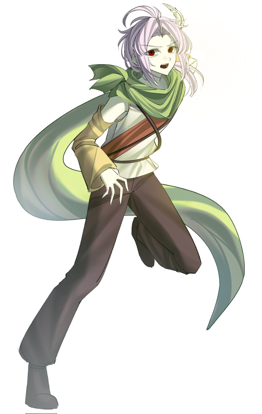 1boy ahoge belt brown_belt brown_pants brown_shoes chinese_commentary commentary_request corrupted_twitter_file curtained_hair detached_sleeves dita_iliner feather_hair_ornament feathers foot_up full_body green_scarf hair_ornament highres long_scarf male_focus medium_hair mingbible open_mouth pale_skin pants parted_bangs pink_hair procreate_(medium) red_eyes red_sash saibou_shinkyoku sash scarf shirt shoes simple_background sleeveless sleeveless_shirt solo v-shaped_eyebrows white_background white_shirt yellow_sleeves
