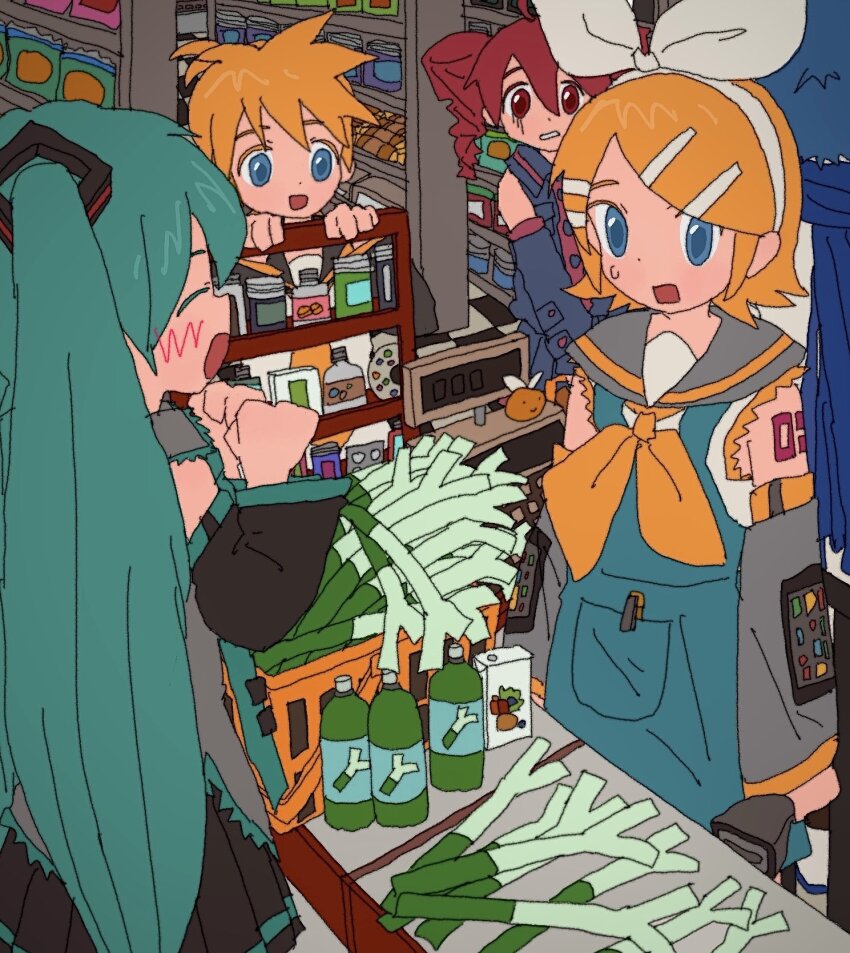 2boys 3girls aqua_eyes blonde_hair blue_eyes blush cashier deformed detached_sleeves grocery_store hatsune_miku highres kagamine_len kagamine_rin kaito_(vocaloid) kasane_teto kasane_teto_(utau) kousou_(vanilla_rkgk) multiple_boys multiple_girls open_mouth red_eyes red_hair sailor_collar shop spring_onion sweatdrop vocaloid