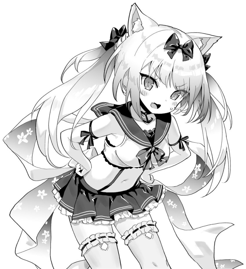 1girl animal_ears azur_lane blush bow breasts cat_ears cat_girl collarbone crop_top fang greyscale hair_bow hands_on_own_hips hori_(hori_no_su) leaning_forward looking_at_viewer medium_breasts monochrome navel open_mouth pleated_skirt simple_background skin_fang skirt smile solo thighhighs twintails white_background yukikaze_(azur_lane)