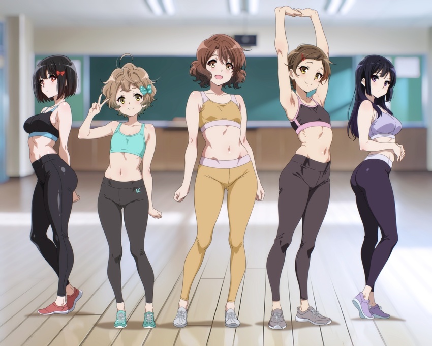 4girls :d ahoge aqua_shoes aqua_sports_bra armpits arms_up ass bare_arms black_hair black_pants black_sports_bra blurry blurry_background bob_cut bow breasts brown_hair chalkboard classroom closed_mouth collarbone day flat_chest full_body hair_bow hair_ornament hairclip hibike!_euphonium hisaishi_kanade indoors katou_hazuki kawashima_sapphire kousaka_reina long_hair looking_at_viewer medium_breasts midriff multiple_girls navel open_mouth oumae_kumiko pants pixie_cut purple_eyes purple_pants purple_shoes red_eyes red_shoes sbel02 shoes short_hair small_breasts smile sports_bra standing stomach stretching v white_shoes yellow_eyes yellow_pants yellow_sports_bra yoga_pants