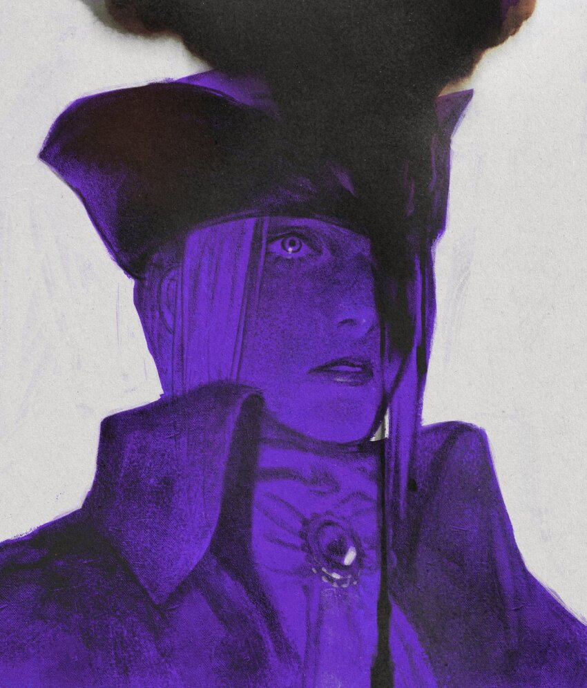 1girl ascot blood bloodborne coat gem hat highres lady_maria_of_the_astral_clocktower long_hair simple_background solo the_old_crane tricorne white_background