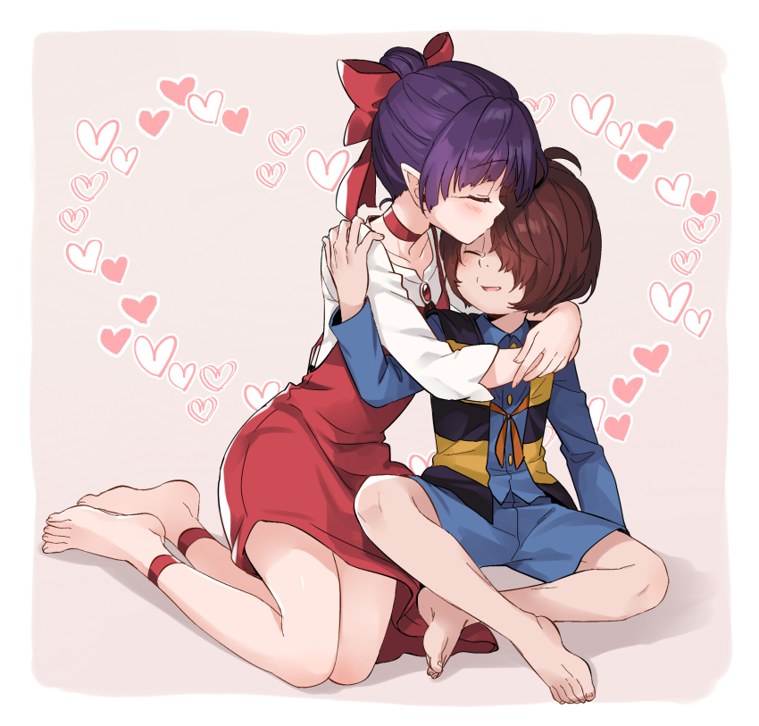 1boy 1girl barefoot brown_hair closed_eyes commentary_request couple gegege_no_kitarou hair_over_one_eye hand_on_another&#039;s_shoulder heart hetero highres kiss kissing_forehead kitarou nekomusume nekomusume_(gegege_no_kitarou_6) on_ground pointy_ears purple_hair short_hair silanduqiaocui sitting smile