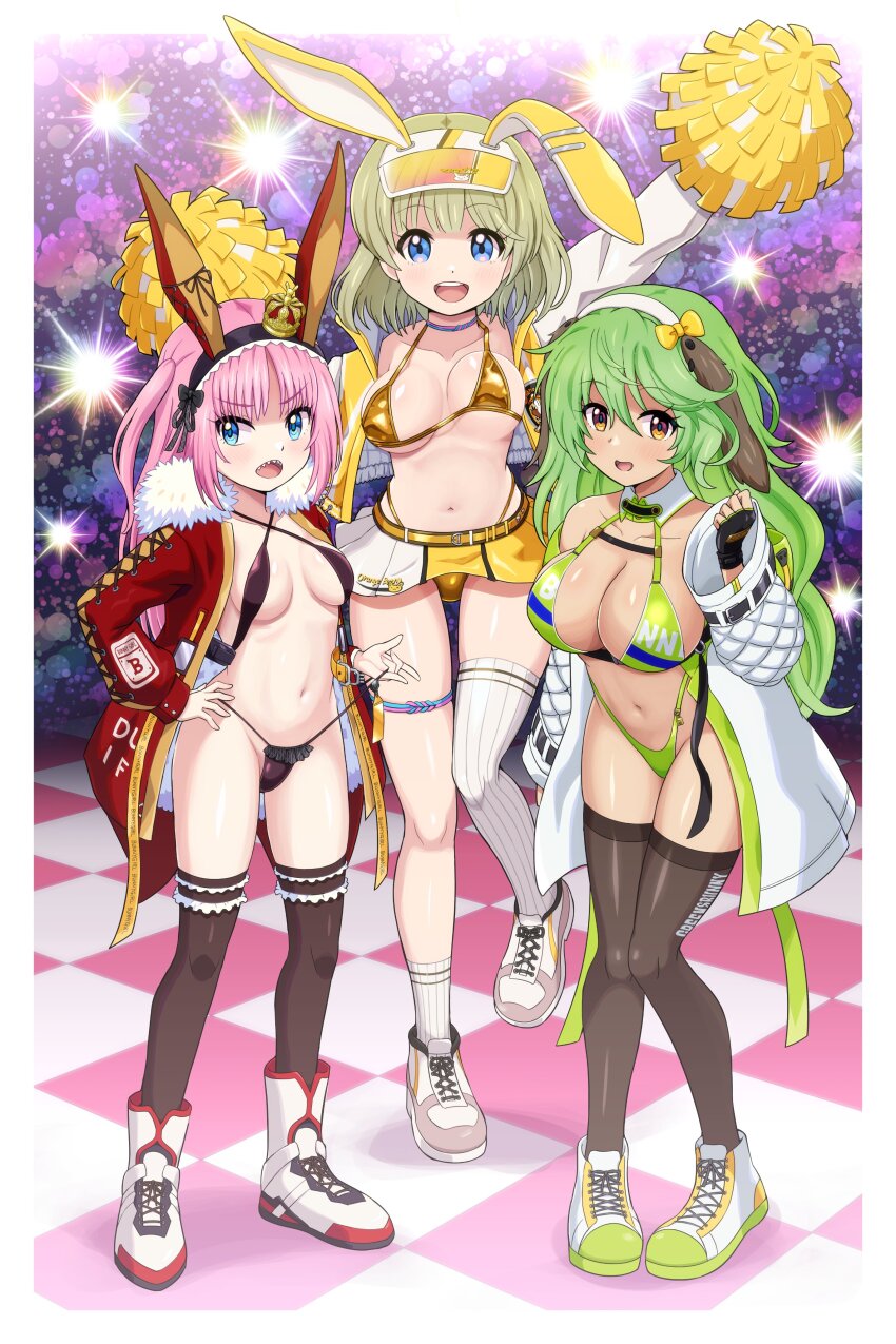 bikini breasts character_request commission copyright_request large_breasts medium_breasts micro_bikini multiple_girls pokemoa skeb_commission small_breasts swimsuit