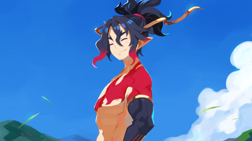 1boy black_hair blue_sky closed_eyes demon_boy disgaea fuji_(disgaea) harada_takehito highres horns makai_senki_disgaea_7 multicolored_hair official_art pointy_ears ponytail red_hair sidelocks sky smile