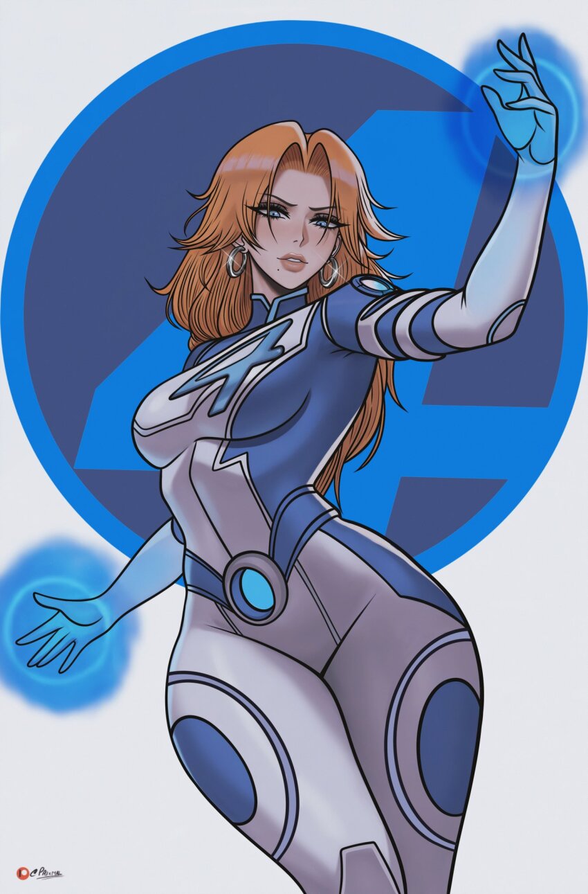 1girl ai-assisted bleach blue_bodysuit blue_eyes bodysuit border breasts cosplay crossover earrings highres hoop_earrings jewelry large_breasts long_hair looking_at_viewer marvel marvel_rivals matsumoto_rangiku mole mole_under_mouth orange_hair prixmal smile solo sue_storm sue_storm_(cosplay) superhero_costume two-tone_bodysuit upper_body white_bodysuit white_border