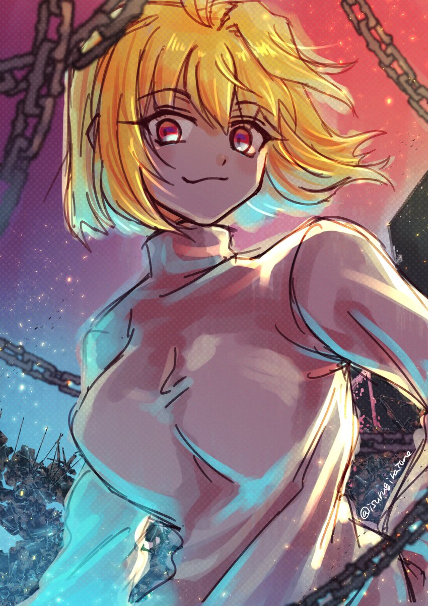 1girl absurdres arcueid_brunestud blonde_hair breasts chain highres isurugiratone large_breasts looking_at_viewer red_eyes short_hair smile solo sweater tsukihime upper_body white_sweater