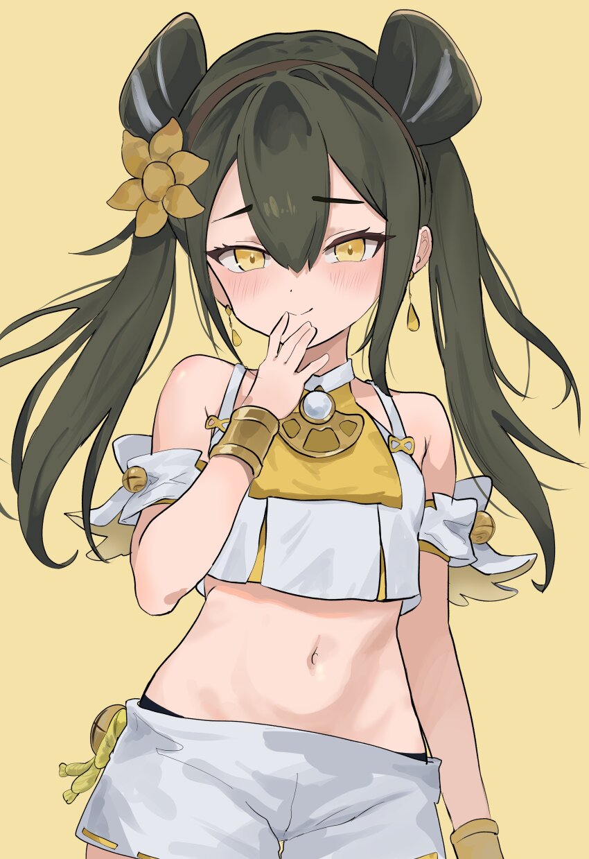 1girl absurdres aged_down bare_shoulders black_hair blush breasts closed_mouth double_bun duel_monster earrings hair_between_eyes hair_bun hairband highres japanese_clothes jewelry long_hair looking_at_viewer medium_breasts midriff navel nbee_ya nontraditional_miko official_alternate_costume official_alternate_hairstyle ohime_the_manifested_mikanko simple_background smile solo stomach twintails yellow_background yellow_eyes yu-gi-oh!