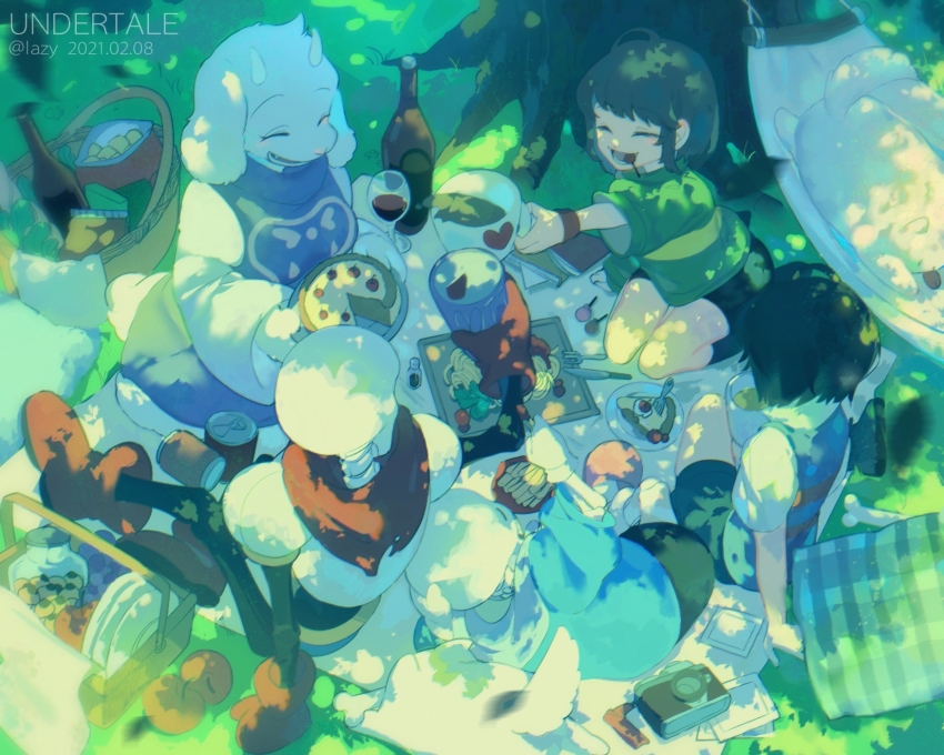 1girl 2boys 2others ^_^ androgynous animal_ears ankle_boots annoying_dog apple arm_support black_shorts blue_jacket blue_vest bone boots bottle brown_hair camera can candy cape chara_(undertale) child chinese_commentary closed_eyes commentary_request cup cushion dappled_sunlight day drinking_glass eating everyone floppy_ears food food_in_mouth fork frisk_(undertale) from_above fruit furry furry_female goat_ears goat_girl goat_horns grapes grass green_shirt hammock highres holding holding_cup holding_plate hood hood_down hooded_jacket horns jacket jar knife lazy_kun lollipop lying mug multiple_boys multiple_others on_grass on_side open_mouth outdoors papyrus_(undertale) pasta picnic picnic_basket pie plate red_cape red_footwear sans_(undertale) scenery seiza shirt short_hair shorts sitting skeleton slippers smile spaghetti sunlight toasting_(gesture) toriel tree undertale vest white_shirt wine_glass wristband