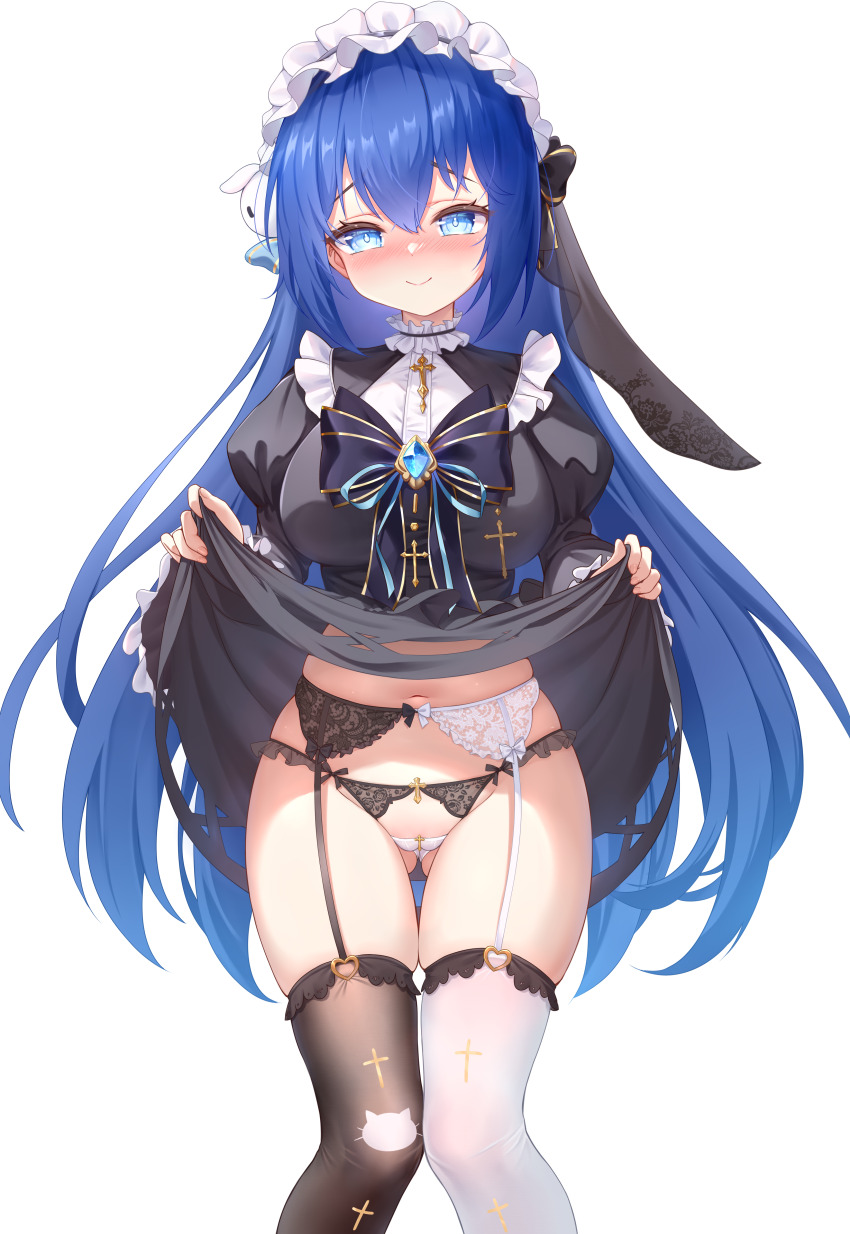 1girl absurdres asymmetrical_legwear black_dress black_thighhighs blue_eyes blue_hair blush breasts chinese_commentary closed_mouth clothes_lift commentary_request dress dress_lift feet_out_of_frame garter_belt gluteal_fold highres juliet_sleeves large_breasts lifting_own_clothes long_hair long_sleeves looking_at_viewer maid maid_headdress mismatched_legwear mismatched_thighhighs navel nose_blush original panties puffy_sleeves qian_hen simple_background smile solo thighhighs torn_clothes torn_dress underwear variant_set very_long_hair white_background white_panties white_thighhighs