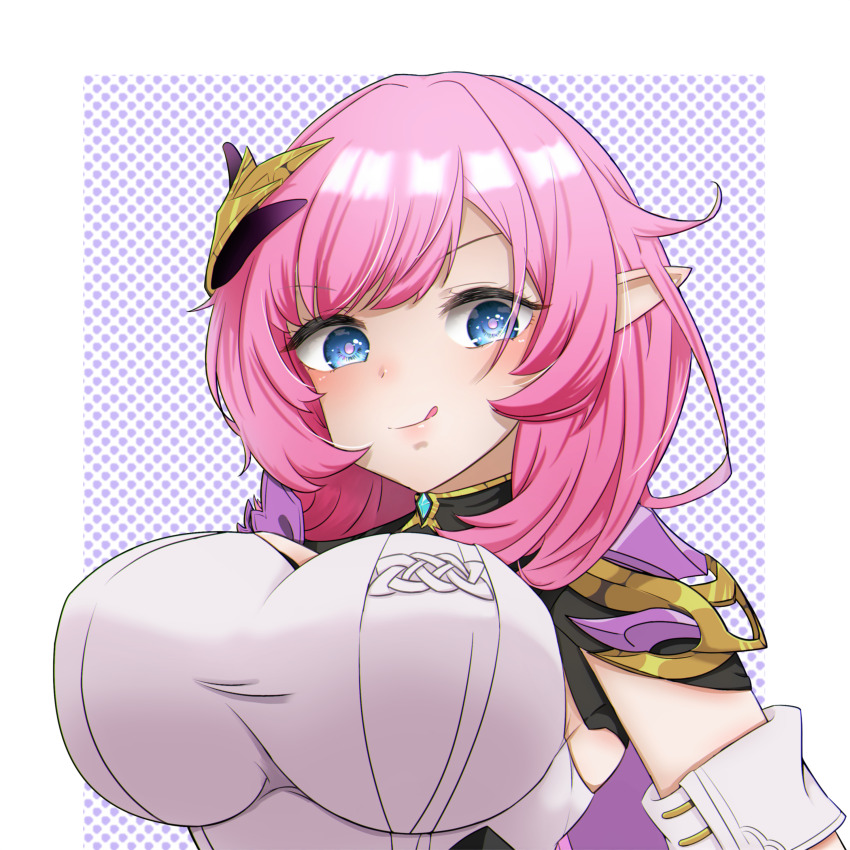 1girl absurdres blue_eyes border breasts commentary_request corset elf elysia_(honkai_impact) elysia_(miss_pink_elf)_(honkai_impact) hair_ornament highres honkai_(series) honkai_impact_3rd kaboten large_breasts licking_lips long_hair pink_hair pointy_ears polka_dot polka_dot_background solo tongue tongue_out upper_body white_border white_corset