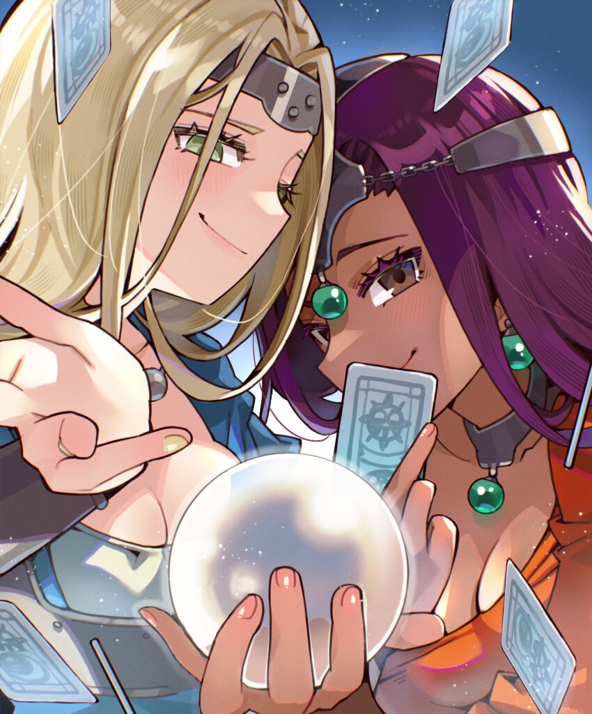 2girls blonde_hair blue_sky breasts brown_eyes card cleavage closed_mouth dark-skinned_female dark_skin dragon_quest dragon_quest_iv dragon_quest_vi forehead_protector green_eyes highres holding holding_card holding_orb kuzuno_ha looking_at_viewer loose_hair_strand minea_(dq4) mireyu multiple_girls purple_hair reaching reaching_towards_viewer sky smile smug