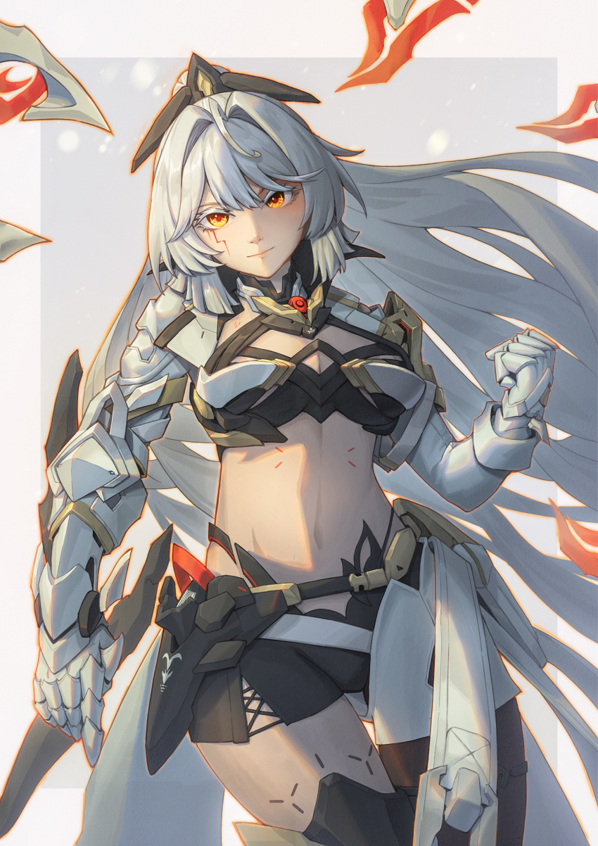 1girl absurdres armor armored_gloves black_shorts breasts cleavage clenched_hand closed_mouth colored_eyelashes commentary_request erdos_helia erdos_helia_(planar_armament:_warped_spacetime) grey_hair hair_intakes headgear highres honkai_(series) honkai_impact_3rd long_hair looking_at_viewer medium_breasts navel orange_eyes red_pupils sekai_korekata_teki_o shorts smile solo stomach thighs very_long_hair