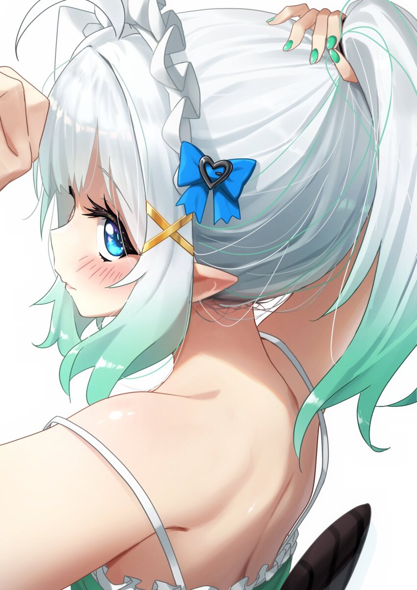 1girl absurdres aqua_hair aqua_nails back blue_eyes from_behind ghostenjoyerguy7007 gradient_hair grey_hair highres indie_virtual_youtuber looking_at_viewer looking_back maid_headdress mint_fantome multicolored_hair pointy_ears ponytail simple_background solo upper_body virtual_youtuber white_background