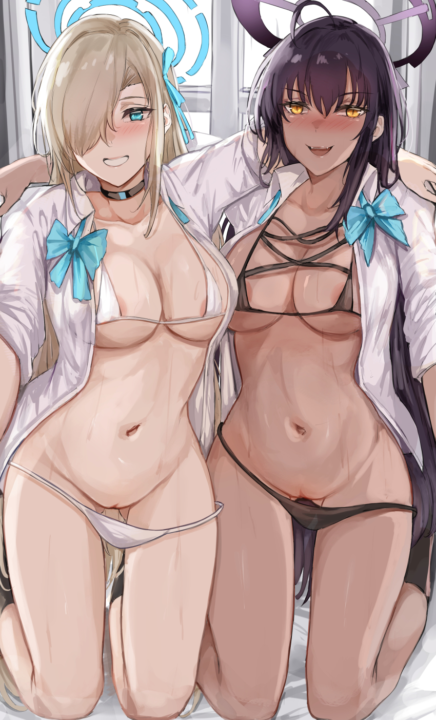 2girls absurdres arm_around_shoulder asuna_(blue_archive) asuna_(school_uniform)_(blue_archive) bare_legs bikini black_bikini black_choker black_hair blue_archive blue_bow blue_eyes blush bow breasts choker cleft_of_venus commentary_request dark_skin gluteal_fold grey_hair grin groin hair_over_one_eye halo highres karin_(blue_archive) karin_(school_uniform)_(blue_archive) kneeling large_breasts long_hair looking_at_viewer micro_bikini multiple_girls navel nose_blush nui_gurumi open_clothes open_shirt pussy school_uniform shirt sideboob smile stomach swimsuit thighs underboob very_long_hair white_bikini white_shirt yellow_eyes