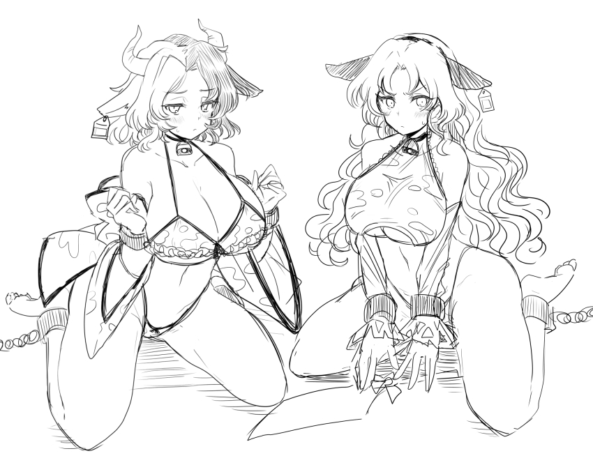 2girls ankle_cuffs barefoot bell between_legs bikini blush chain chained chained_wrists clothing_cutout collarbone cow_girl cow_horns cowbell ear_tag efukei frilled_bikini frills glaring greyscale hand_between_legs highres horns long_hair looking_at_viewer monochrome multiple_girls navel_cutout no_shoes off_shoulder parted_bangs sakata_nemuno short_hair sitting sketch swimsuit touhou ushizaki_urumi wariza white_background