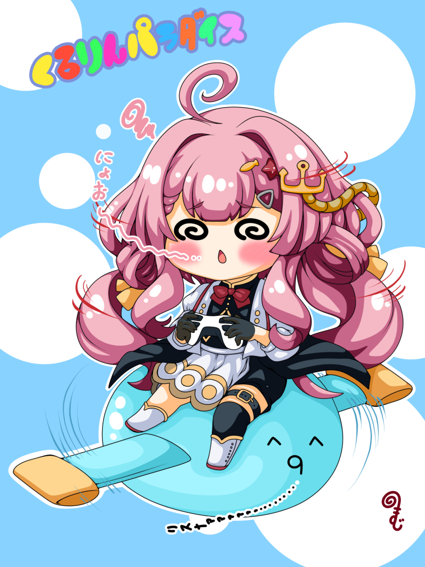 1girl @_@ ^_^ ^q^ ahoge anchor_hair_ornament black_gloves black_shirt black_shorts black_thighhighs blue_background blush_stickers boots bow chestnut_mouth chibi closed_eyes controller fish_hair_ornament game_controller gloves hair_intakes hair_ornament highres holding indie_virtual_youtuber jacket kurukurumagical long_hair long_sleeves misaki_nagi motion_lines parted_lips pink_hair puffy_long_sleeves puffy_sleeves red_bow shirt shorts simple_background single_thighhigh sitting skirt solo speed_lines spinning squiggle starfish_hair_ornament thighhighs thighhighs_under_boots translation_request very_long_hair virtual_youtuber white_boots white_jacket white_skirt