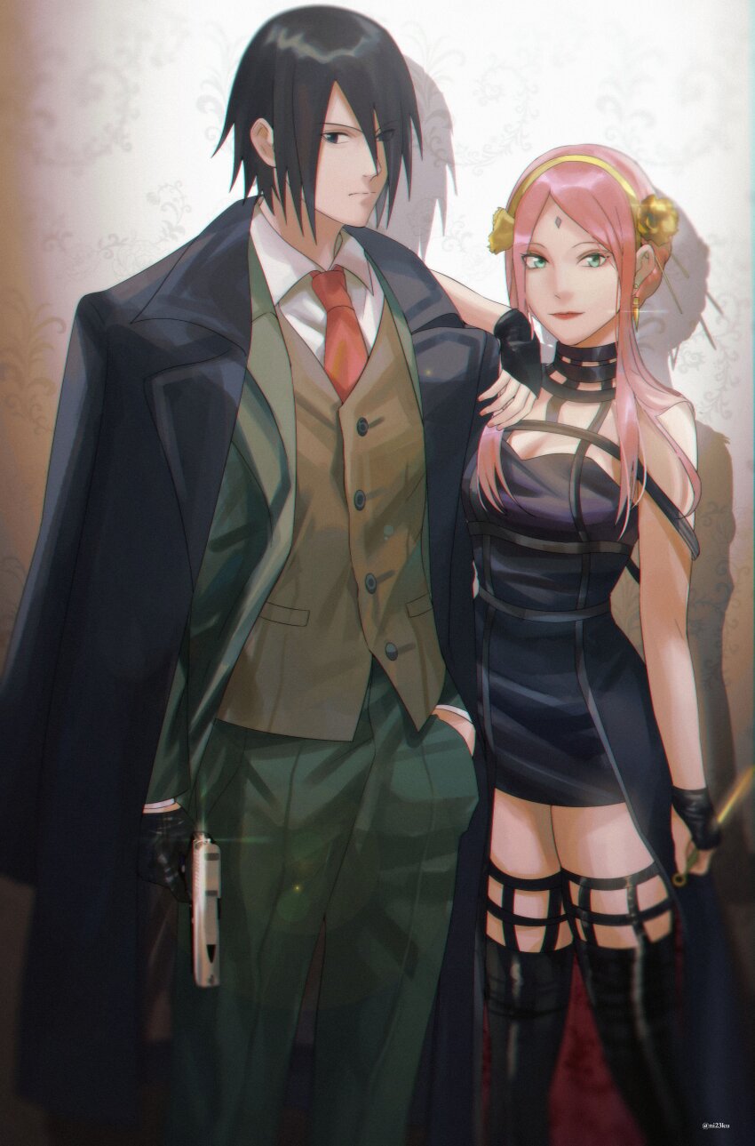 1boy 1girl absurdres black_coat black_dress black_eyes black_gloves black_hair black_thighhighs boruto:_naruto_next_generations breasts brown_vest cleavage closed_mouth coat collared_shirt cosplay dress fingerless_gloves formal_clothes gloves green_eyes green_jacket green_pants gun hair_over_one_eye hand_in_pocket handgun haruno_sakura headband hetero highres holding holding_gun holding_knife holding_weapon husband_and_wife jacket knife lipstick long_hair long_sleeves looking_at_viewer makeup naruto_(series) necktie niku_(ni23ku) pants pink_hair red_necktie reverse_grip shadow shirt small_breasts spy_x_family thighhighs twilight_(spy_x_family) twilight_(spy_x_family)_(cosplay) uchiha_sasuke vest weapon white_shirt yor_briar yor_briar_(cosplay)