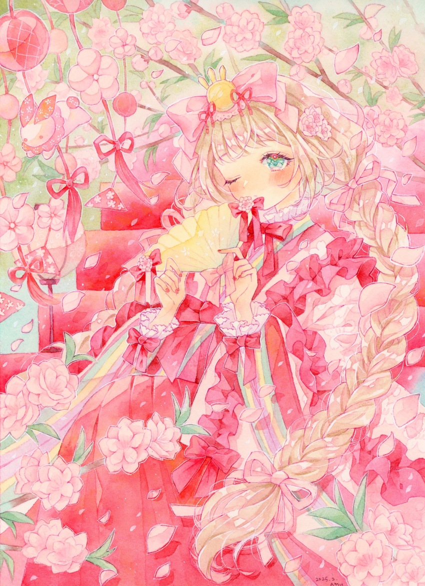 1girl absurdres amu_(m_aa) blonde_hair blush braid branch dated flower green_eyes hair_ornament hair_ribbon hand_fan highres hinamatsuri holding holding_fan japanese_clothes kimono layered_kimono long_hair long_skirt one_eye_closed original painting_(medium) pink_flower pink_ribbon pleated_skirt red_ribbon red_skirt ribbon signature skirt solo traditional_media twin_braids watercolor_(medium)