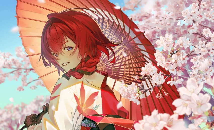 1girl amber589lily ange_katrina ange_katrina_(new_year) black_gloves black_hair blue_eyes blue_sky blurry blush braid cherry_blossoms commentary day depth_of_field falling_petals floral_print floral_print_gloves floral_print_kimono from_behind gloves gradient_eyes grin hair_over_shoulder highres holding holding_umbrella japanese_clothes kimono lace lace_gloves long_bangs long_hair looking_at_viewer looking_back multicolored_eyes multicolored_hair nijisanji oil-paper_umbrella petals pink_petals print_kimono purple_eyes red_hair red_kimono red_umbrella single_hair_intake sky smile solo streaked_hair symbol-only_commentary turning_head two-tone_hair umbrella upper_body virtual_youtuber white_kimono