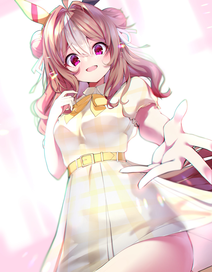 1girl absurdres ahoge animal_ears bow breasts copano_rickey_(umamusume) cowboy_shot double_bun dress ear_covers ear_ornament hair_between_eyes hair_bun highres horse_ears horse_girl kamiya_mitobe looking_at_viewer medium_breasts multicolored_hair official_alternate_costume pink_eyes puffy_short_sleeves puffy_sleeves reaching reaching_towards_viewer short_sleeves smile solo streaked_hair umamusume white_hair yellow_bow yellow_dress