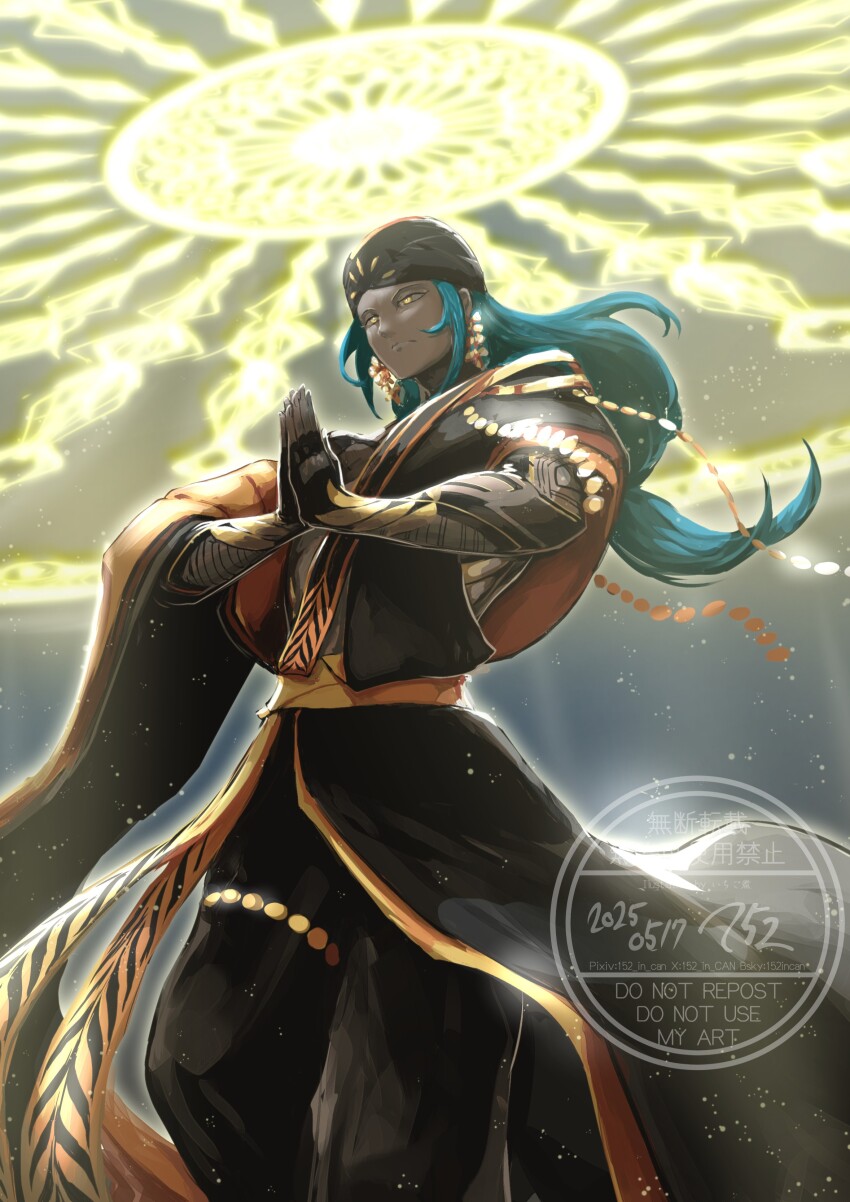 152_in_can 1boy absurdres ashoka_(fate) black_turban blue_hair dark-skinned_male dark_skin earrings fate/grand_order fate_(series) flower_earrings glowing halo highres indian_clothes jewelry long_hair male_focus own_hands_clasped own_hands_together solo turban yellow_eyes