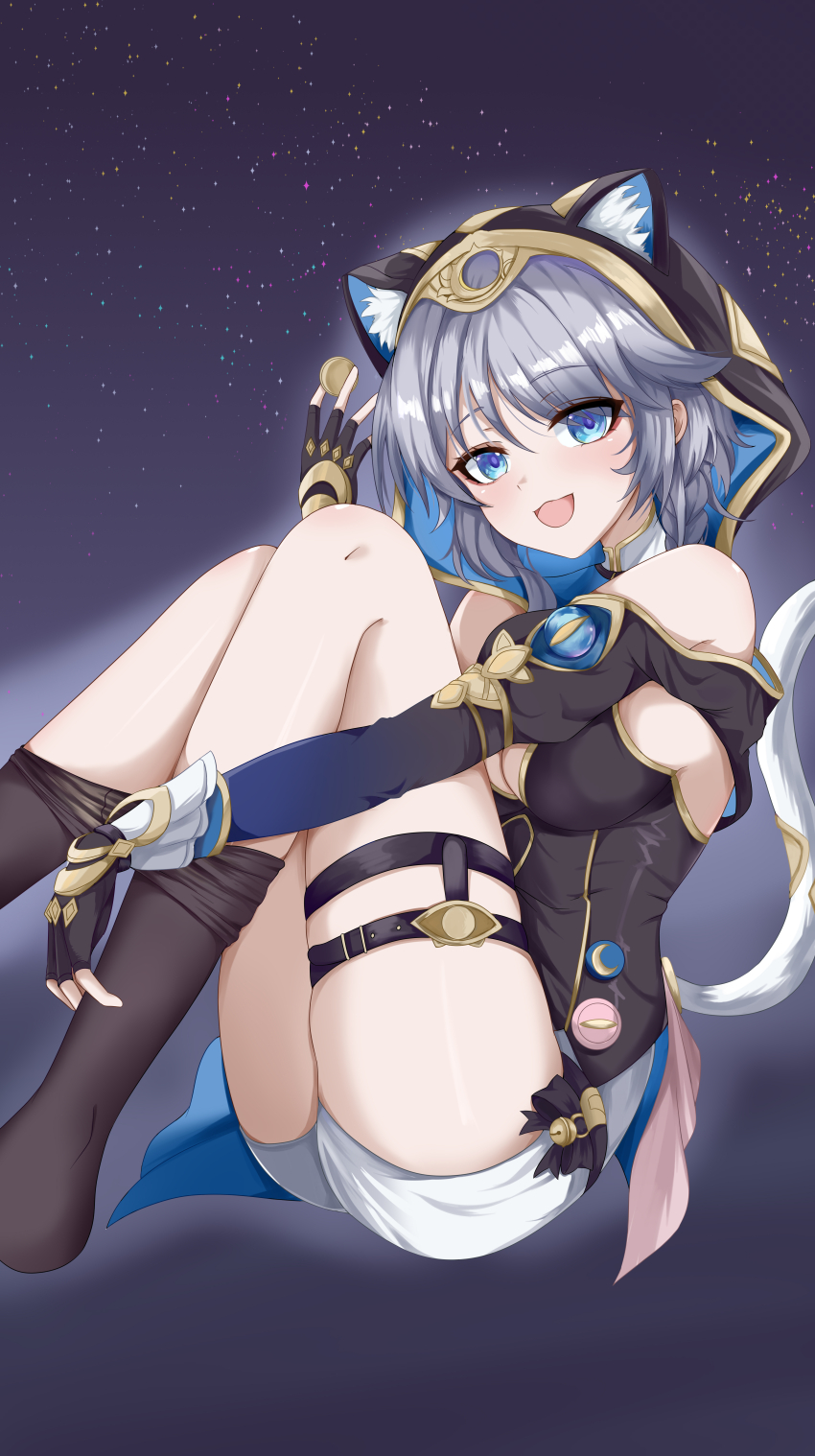 1girl absurdres animal_ears animal_hood belt black_gloves black_leotard black_thighhighs blue_eyes breasts cat_ears cat_girl cat_hood cat_tail cipher_(honkai:_star_rail) coin commentary_request fingerless_gloves gloves gold_coin grey_hair highres holding holding_coin honkai:_star_rail honkai_(series) hood large_breasts leotard s956448903 short_hair_with_long_locks shorts solo tail thigh_belt thigh_strap thighhighs thighs white_shorts