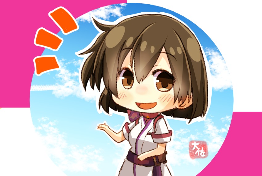 10s 1girl :d alternate_costume artist_name brown_eyes brown_hair chibi female_focus hair_between_eyes highres hiryuu_(kancolle) hiryuu_(peach)_(kancolle) japanese_clothes kantai_collection one_side_up open_mouth peach_(airline) short_hair short_sleeves smile solo taisa_(kari)