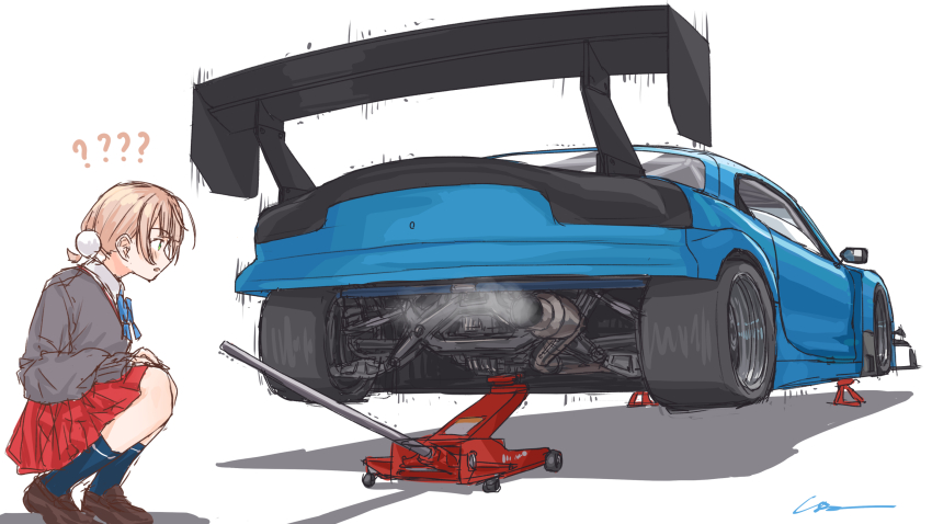1girl ? ?? blazer blonde_hair blue_bow blue_eyes blue_socks bow brown_footwear collared_shirt confused grey_jacket highres indie_virtual_youtuber jack_stand jacket mazda mazda_rx-7 mazda_rx-7_fd shadow shaking shigure_ui_(vtuber) shigure_ui_(vtuber)_(2nd_costume) shirt short_hair signature simana skirt socks solo spoiler_(automobile) squatting vehicle_focus virtual_youtuber white_shirt