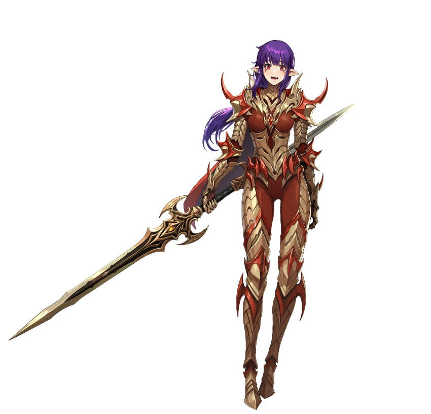 1girl absurdres armor bodystocking double_blade esil_radiru full_armor full_body highres holding holding_weapon long_hair official_art open_mouth pointy_ears purple_hair red_eyes second-party_source shoulder_armor solo solo_leveling solo_leveling:_arise standing sword tachi-e transparent_background weapon