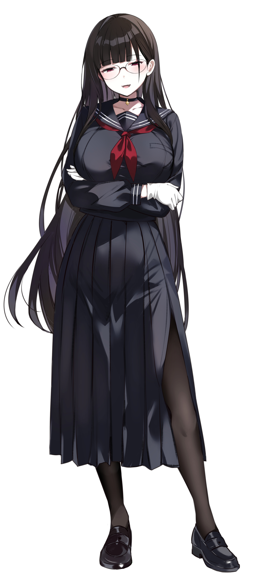 1girl absurdres black_choker black_hair black_pantyhose black_sailor_collar black_shirt black_shoes black_skirt breasts choker fangs full_body glasses gloves highres large_breasts loafers long_hair long_skirt neckerchief open_mouth original pantyhose pleated_skirt red_eyes red_neckerchief sailor_collar shirt shoes side_slit simple_background skirt solo standing urabanasimati very_long_hair white_background white_gloves
