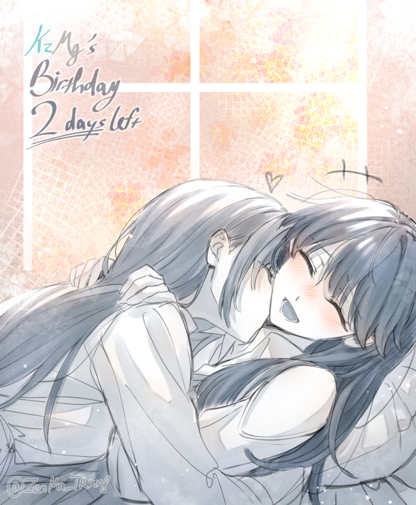 +++ 2girls :d ^_^ blush closed_eyes clothing_cutout collared_shirt commentary couple dress english_text fujishima_megumi fujishima_megumi_(winter_loungewear) girl_on_top greyscale_with_colored_background hair_down hands_on_another&#039;s_shoulders heart highres indoors kiss kissing_neck link!_like!_love_live! long_hair long_sleeves love_live! lower_teeth_only lying multiple_girls nose_blush on_back open_mouth otomune_kozue shirt shoulder_cutout sidelocks smile spot_color teeth twitter_username virtual_youtuber window yuri zenma_trang
