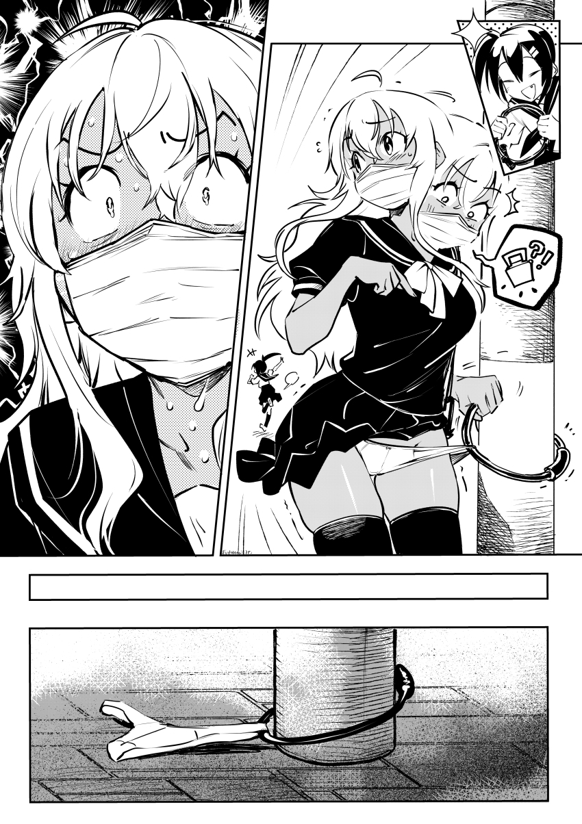 2girls absurdres age_difference black_serafuku clothes_lift comic constricted_pupils dark_skin eudetenis gag_under_mask highres lilya_(pretzelfan) lock long_hair multiple_girls panties sailor_collar sayuri_(pretzelfan) school_uniform second-party_source serafuku skindentation skirt skirt_lift thighhighs underwear white_panties