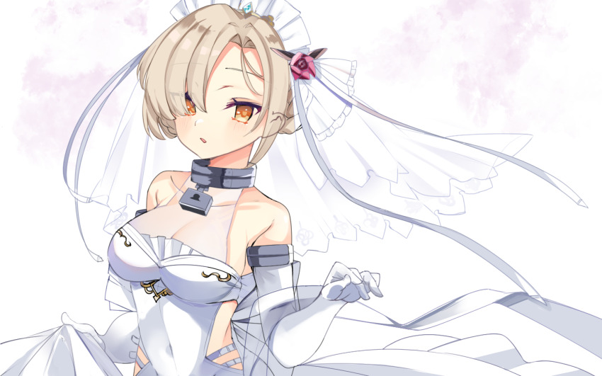1girl alternate_costume azur_lane bare_shoulders blonde_hair blush braid breasts bride cleavage commentary_request covered_navel dress elbow_gloves flower gloves hair_flower hair_ornament hair_over_one_eye hand_up lock looking_at_viewer medium_breasts parted_lips red_flower red_rose rose see-through_clothes sheffield_(azur_lane) short_hair skin_tight skirt_hold sleeveless sleeveless_dress solo upper_body veil wedding_dress white_dress white_gloves yayoi_asuka yellow_eyes