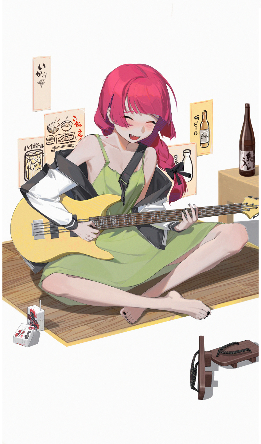 1girl ^_^ aash4i absurdres armpits barefoot black_bow black_nails blunt_bangs blush bocchi_the_rock! bottle bow braid closed_eyes collarbone commentary_request dress fang fingernails full_body geta green_dress guitar hair_bow highres hiroi_kikuri indian_style instrument jacket jacket_partially_removed juice_box long_hair long_sleeves music nail_polish on_floor open_mouth playing_guitar playing_instrument poster_(object) red_hair sandals simple_background single_braid sitting sleeveless sleeveless_dress smile solo toenail_polish toenails unworn_sandals white_background white_jacket wooden_floor