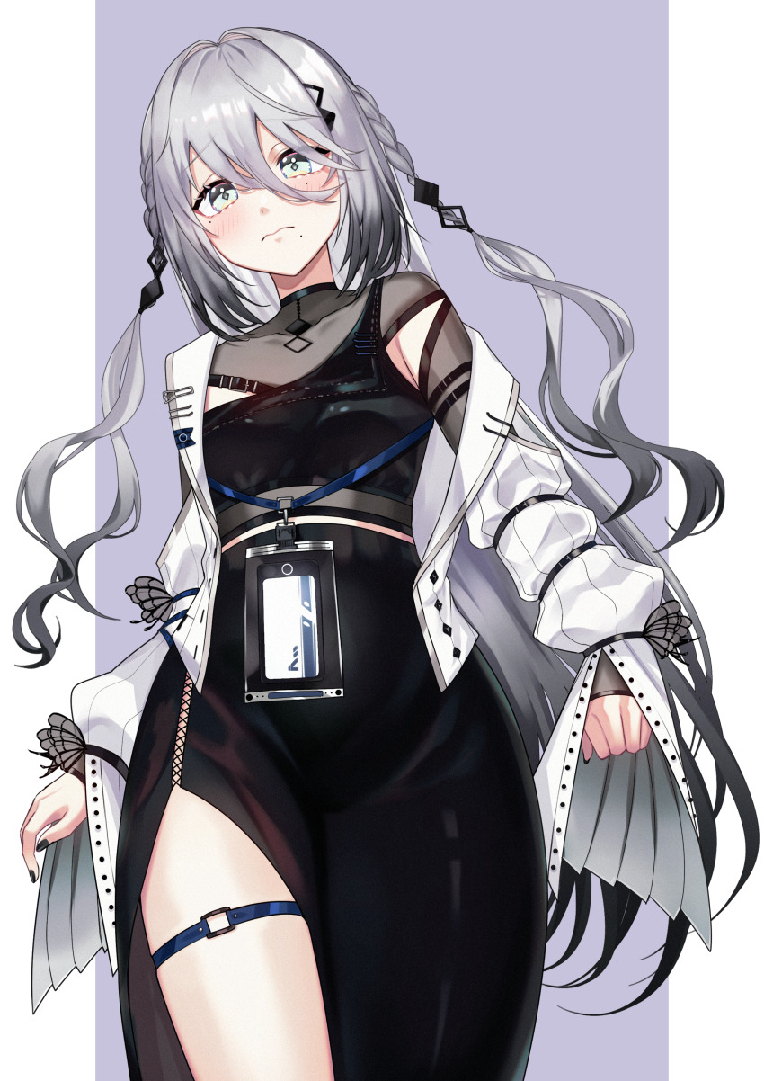 1girl absurdres black_dress black_nails blush braid closed_mouth dress green_eyes grey_hair highres id_card jacket lanyard long_hair looking_at_viewer miyatsuki_(in_air_w) mole mole_under_eye mole_under_mouth nijisanji off_shoulder open_clothes open_jacket pillarboxed purple_background side_slit solo sophia_valentine sophia_valentine_(1st_costume) thigh_strap twin_braids virtual_youtuber white_jacket