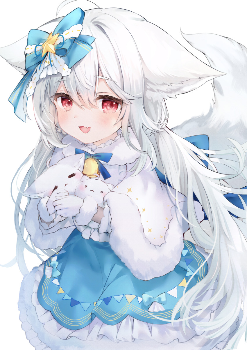 1girl :d absurdres animal_ear_fluff animal_ears bell blue_bow blue_skirt bow braid capelet commentary_request commission fang frilled_skirt frills fur-trimmed_capelet fur-trimmed_gloves fur_trim gloves hair_between_eyes hair_bow highres holding long_hair neck_bell open_mouth original red_eyes rucaco sakurada_shiro_(hy_plus) shirt simple_background skeb_commission skirt smile solo star_(symbol) tail very_long_hair white_background white_capelet white_gloves white_hair white_shirt