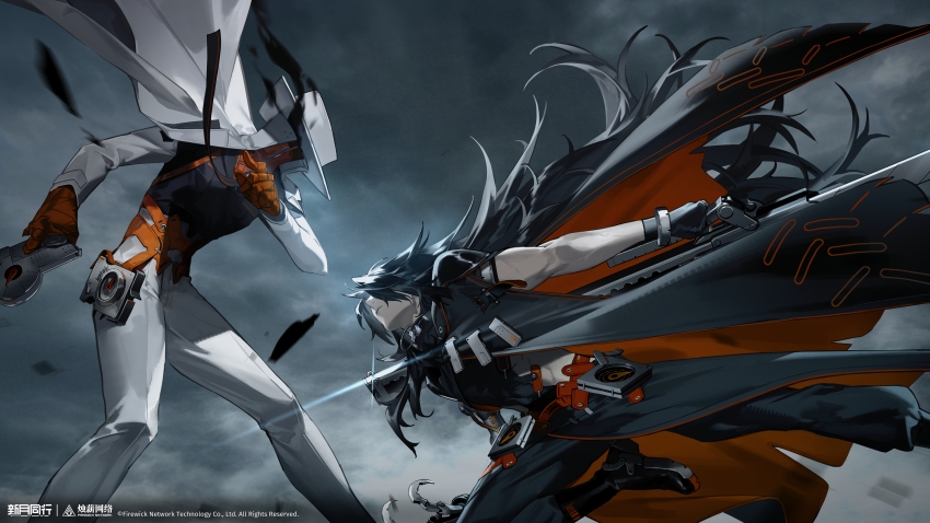 1boy 1other absurdres black_cape black_footwear black_gloves black_hair black_pants black_shirt cape coat coat_on_shoulders copyright_name copyright_notice feet_out_of_frame fighting gloves grey_sky group_leader_(xinyue_tongxing) gun hat highres holding holding_gun holding_weapon logo long_hair official_art overcast pants shirt sky very_long_hair weapon white_coat white_hat white_pants xinyue_tongxing ya_(xinyue_tongxing)