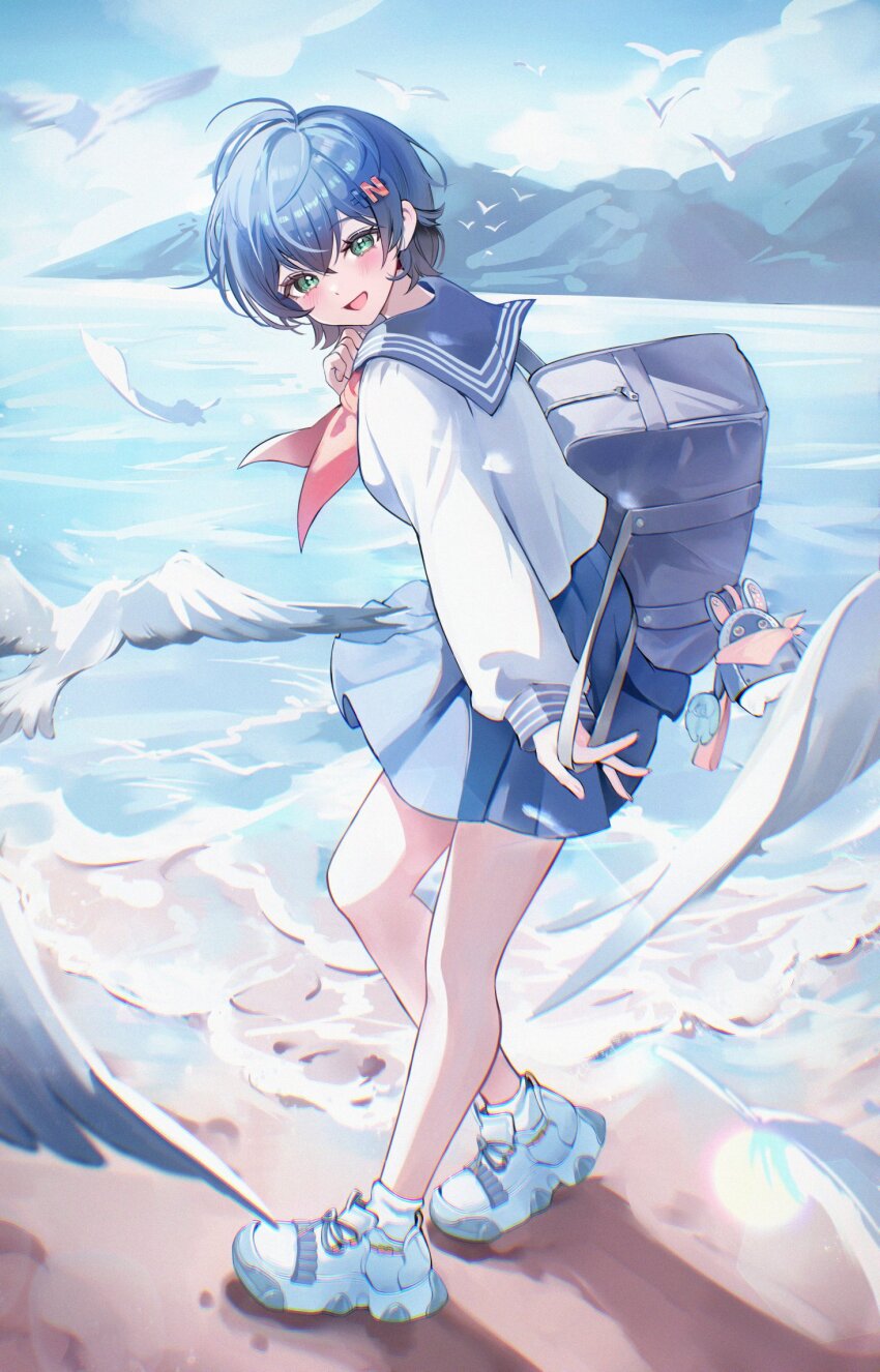 1girl alternate_costume bag belle_(zenless_zone_zero) bird blue_hair blue_sailor_collar blue_skirt full_body hair_between_eyes hair_ornament hand_up highres letter_hair_ornament long_sleeves looking_at_viewer neckerchief open_mouth outdoors red_neckerchief sailor_collar school_bag school_uniform shirt shoes short_hair skirt smile socks solo white_shirt white_shoes white_socks zenless_zone_zero zije