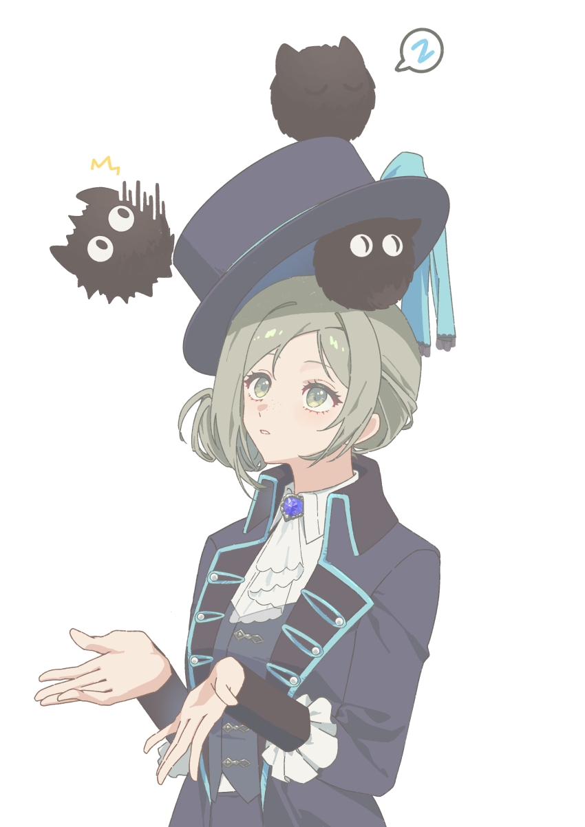 1girl ^^^ absurdres ascot black_coat black_hat black_vest blue_bow boater_hat bow carbuncle_(reverse:1999) catching coat collared_shirt creature creature_on_hand falling grey_eyes grey_hair hair_bun hands_up hat hat_bow highres looking_at_creature looking_up purple_brooch reverse:1999 rokilly shirt short_hair single_side_bun solo speech_bubble spoken_zzz upper_body vertin_(reverse:1999) vest waistcoat white_ascot white_background white_shirt zzz