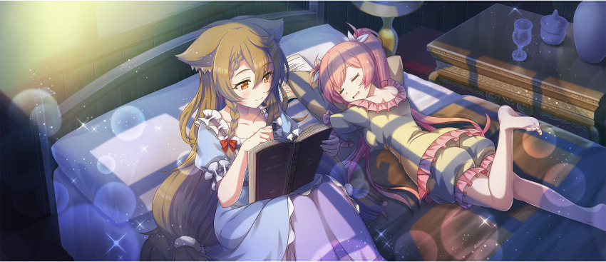 2girls amy_(konosuba) animal_ear_fluff animal_ears barefoot bed bedroom blanket blue_nightgown book bow braid braided_sidelock breasts brown_eyes brown_hair closed_eyes closed_mouth collarbone double-parted_bangs droopy_ears erika_(konosuba) frilled_pajamas frills from_above game_cg hair_between_eyes hair_bow hair_ribbon highres holding holding_book hugging_object indoors kono_subarashii_sekai_ni_shukufuku_wo! konosuba!_fantastic_days large_breasts leg_up light_blush light_smile long_hair looking_at_another looking_to_the_side low_twintails lying mole mole_under_eye moonlight multiple_girls night nightgown official_alternate_costume official_art on_bed on_stomach open_book open_mouth pajamas pillow pillow_hug pink_hair puffy_short_sleeves puffy_sleeves red_bow ribbon short_sleeves shoulder_blades sidelocks sitting sleeping twintails very_long_hair white_ribbon window_shadow yellow_pajamas