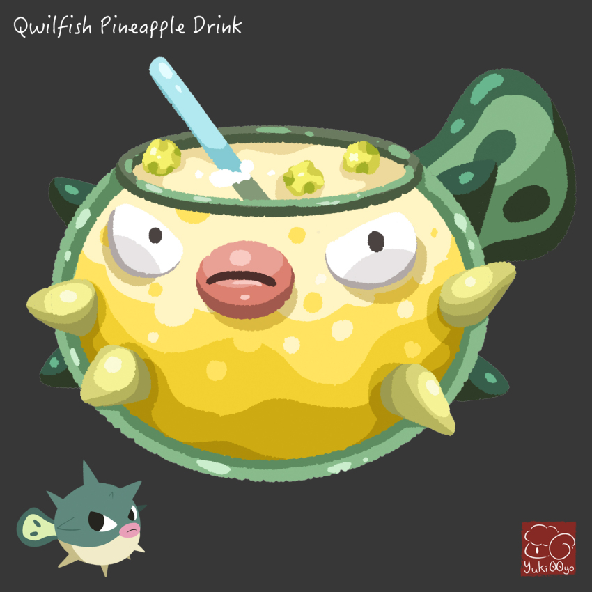 artist_logo artist_name character-themed_food character_name cup drink drinking_straw food food_focus food_name gen_2_pokemon grey_background highres logo nintendo no_humans pokemon qwilfish simple_background yuki00yo