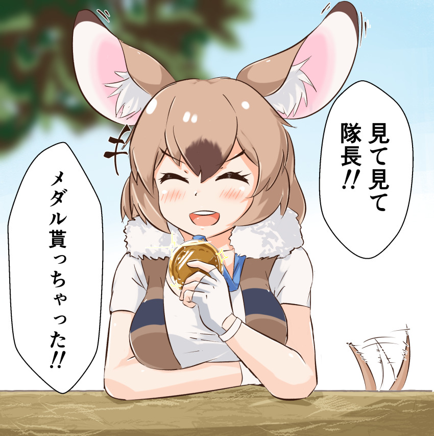 +++ 1girl ^_^ afterimage animal_ear_fluff animal_ears arm_rest bare_arms blurry blurry_background blush brown_hair closed_eyes commentary_request day facing_viewer fingerless_gloves fur_trim gambian_rat_(kemono_friends) gloves hair_between_eyes hand_up highres holding kemono_friends light_brown_hair medallion medium_hair motion_lines mouse_ears mouse_girl mouse_tail multicolored_hair open_clothes open_mouth open_vest outdoors shirt shoes smile solo tail tail_wagging translation_request two-tone_hair upper_body v-shaped_eyebrows vest white_gloves white_shirt wonderful_waon