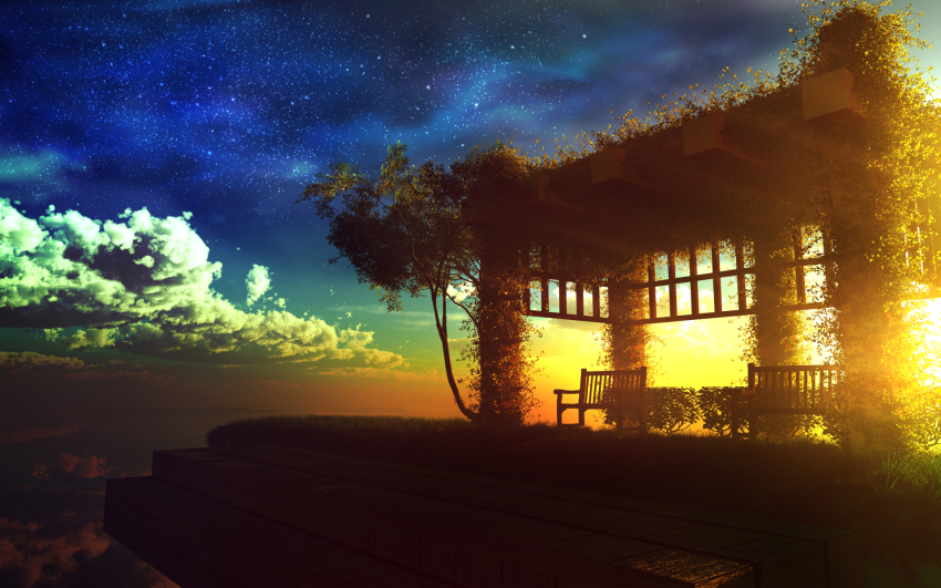 3d backlighting bench bush cloud grass highres ivy light midair night night_sky no_humans original overgrown scenery shadow sky stairs star_(sky) starry_sky tree y-k_(y_k14) y_k14