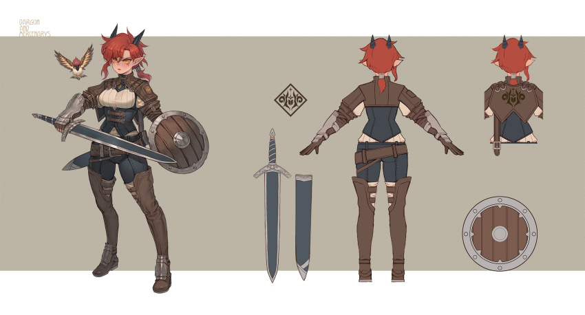 1girl armor belt belt_buckle bird boots breasts buckle reference_sheet commentary dpin_(user_adhr8855) dragon_girl dragon_horns english_commentary english_text full_body highres holding holding_shield holding_sword holding_weapon horns looking_at_viewer medium_breasts multiple_views orange_eyes original pointy_ears red_hair sheath shield silka_(dpin) slit_pupils standing sword thigh_boots weapon