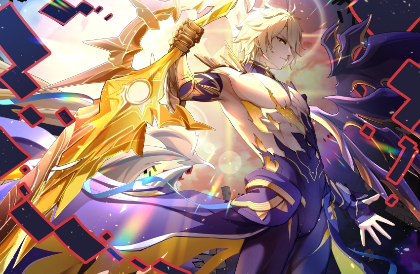 1boy abs antenna_hair bare_pectorals blonde_hair bodysuit broken_skin cape chinese_commentary choker closed_mouth commentary_request cowboy_shot fingerless_gloves gauntlets gloves gold_trim hand_up highres holding holding_sword holding_weapon honkai:_star_rail honkai_(series) jingxinzhiyun looking_to_the_side male_focus muscular muscular_male official_alternate_costume pectorals phainon_(honkai:_star_rail) purple_bodysuit purple_cape purple_choker purple_gloves short_hair solo standing sun sun_symbol sunlight sword torn_bodysuit torn_clothes two-sided_cape two-sided_fabric v-shaped_eyebrows weapon yellow_cape yellow_eyes
