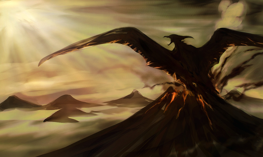beak byneet cloud cloudy_sky day dusk elemental_(creature) eruption fire_elemental fog giant giant_monster godzilla:_king_of_the_monsters godzilla_(series) horns kaiju lava legendary_pictures monster monsterverse no_humans open_mouth overcast roaring rodan sky smoke toho volcano wings